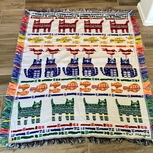 Vintage Pat Meyers rainbow cat fish bird print fringe throw blanket